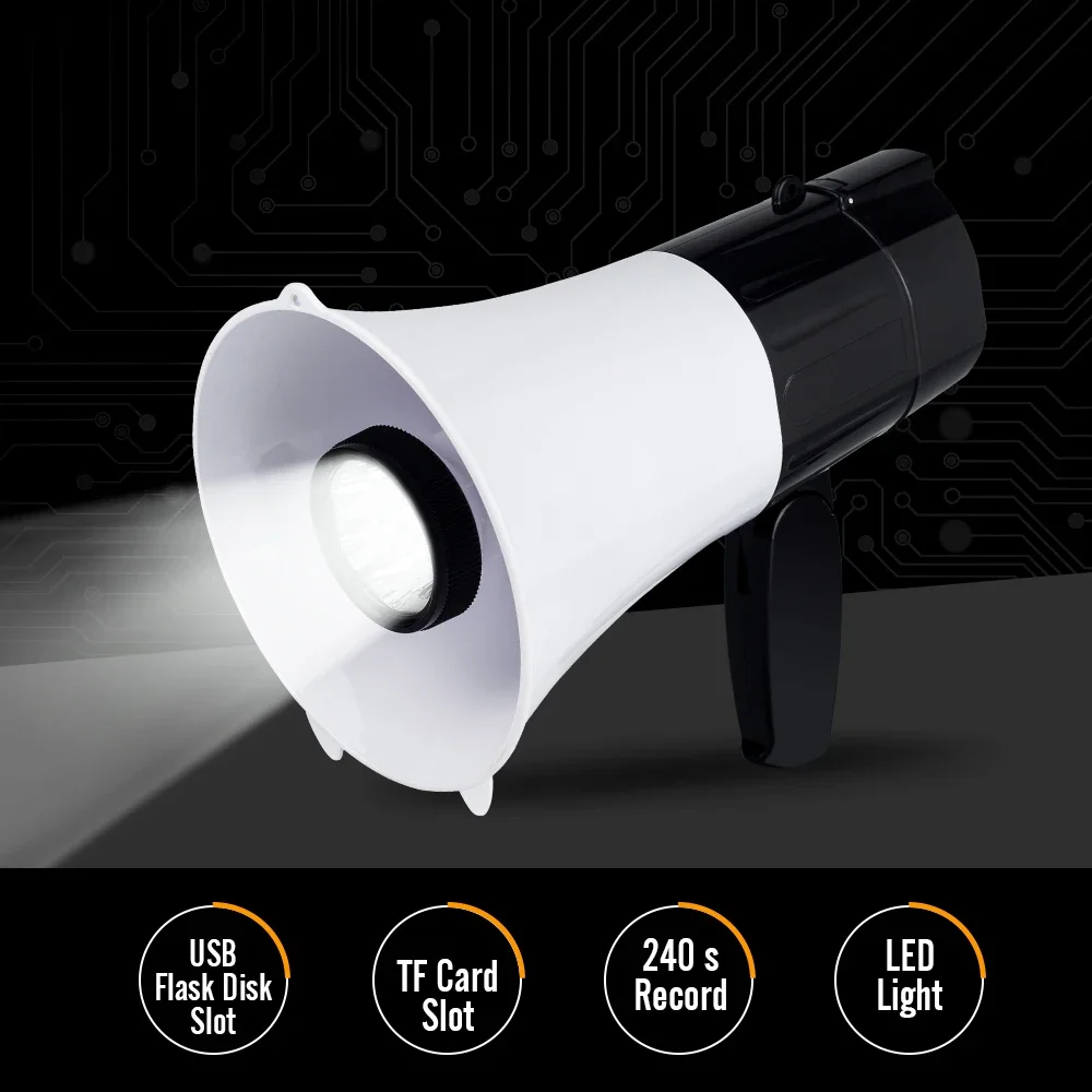 휴대용 경량 컴팩트 메가폰 불혼, LED 조명 및 사이렌, 블랙 실버, 30W