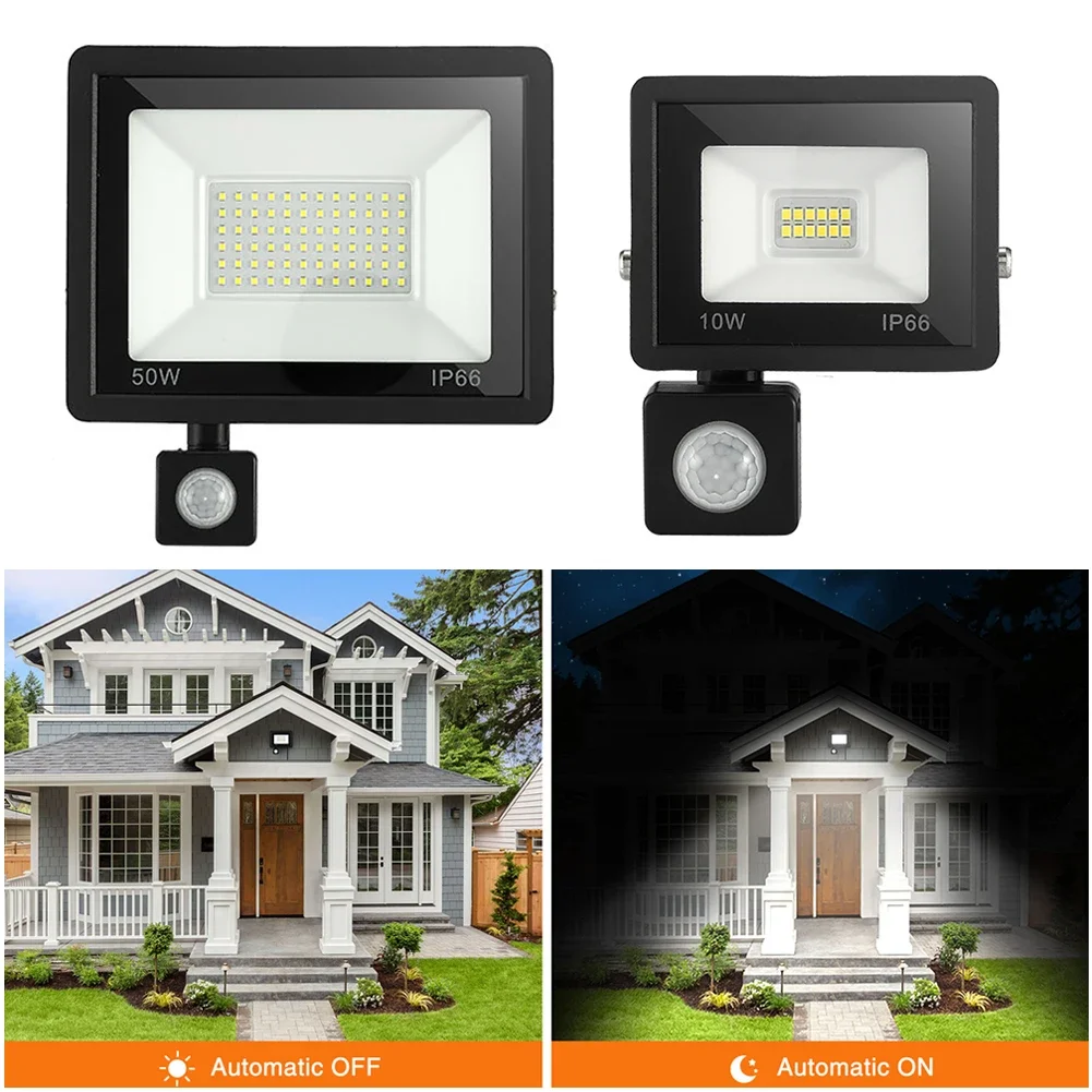 PIR 모션 센서 LED 투광 조명, 야외 스포트라이트, 거리 투광 조명, IP66 방수, 10W, 20W, 30W, 50W, 100W, 150W, 200W, 300W, AC220V