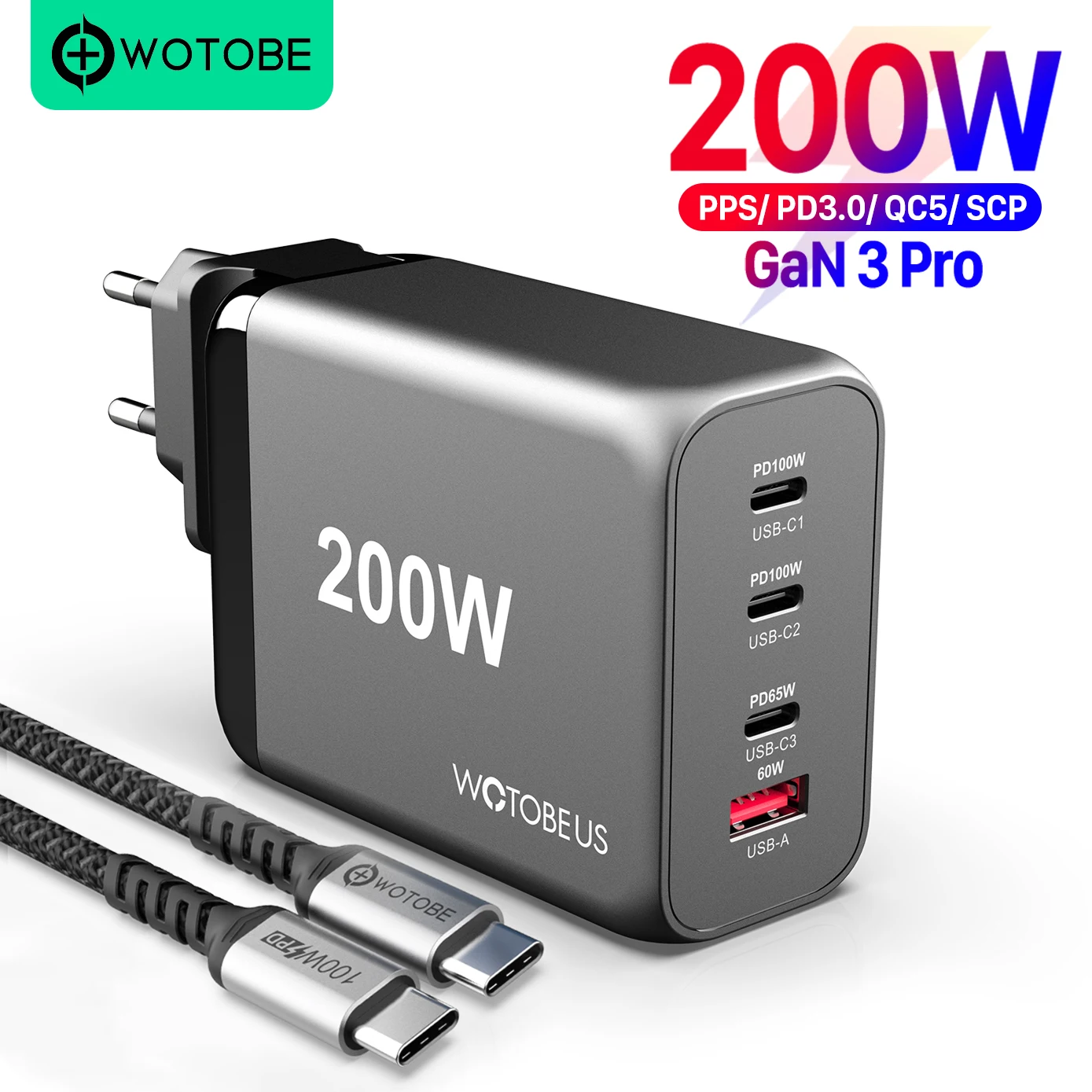 200W GaN Pro USB-C Fast Charger, WOTOBEUS 4-port PD100W PPS 65W
