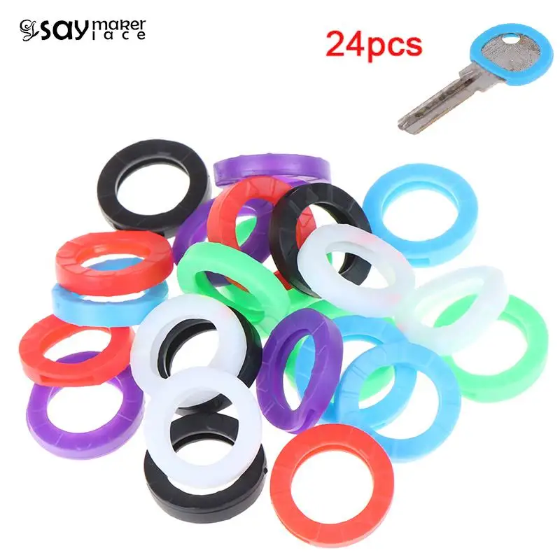 24pcs 라운드 부드러운 실리콘 중공 고무 소프트 키 잠금 캡 키 커버 토퍼 열쇠 고리 탄성 케이스 무작위