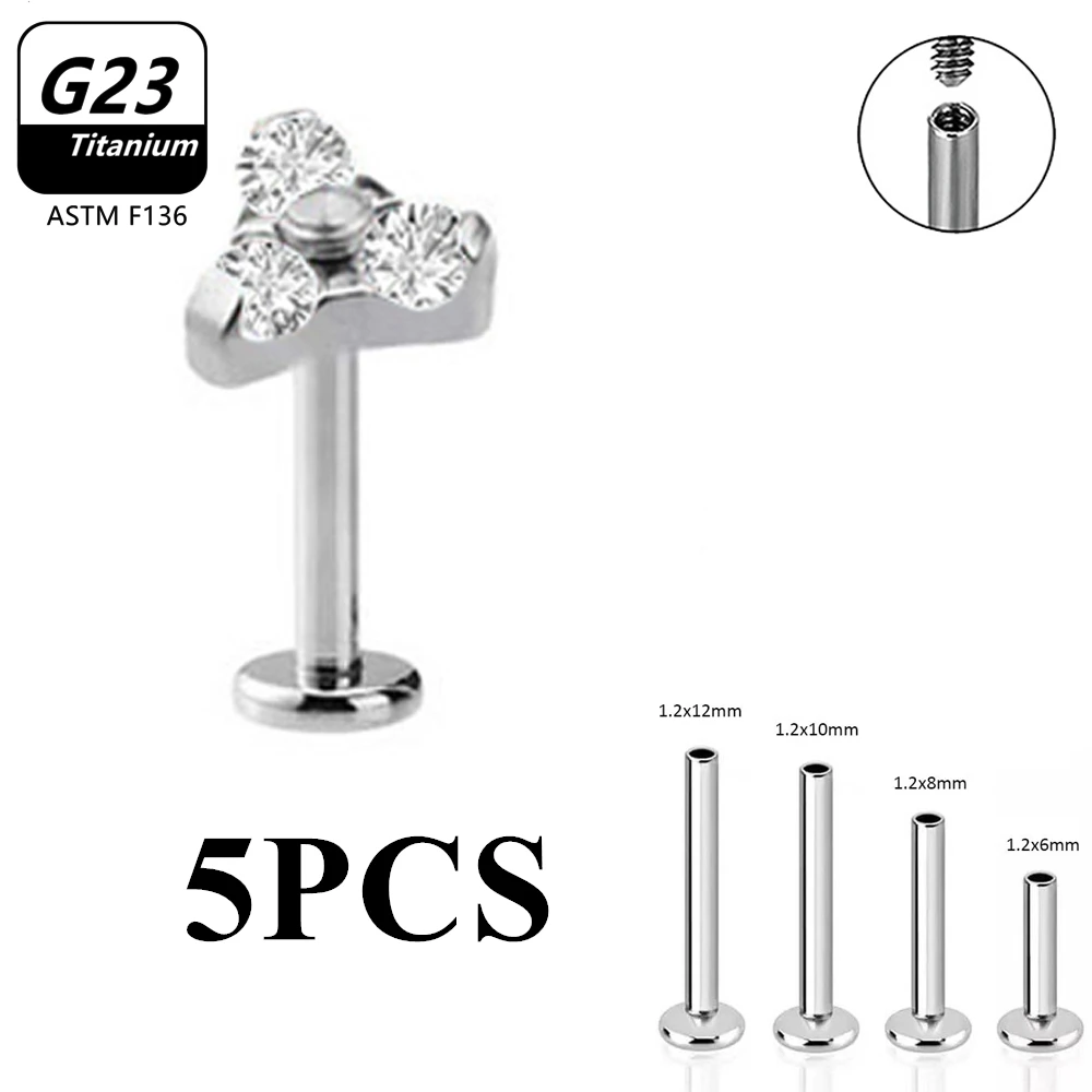 5Pcs ASTM F136 Titanium Earrings Pierc Studs Triangle Labret Stud Helix Ear Cartilage Lip Bar Body Piercing Jewelry Wholesale