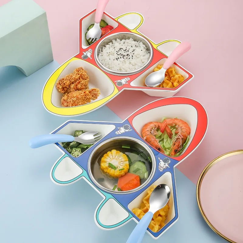 

Children's dinner plate baby complementary food bowl 304 stainless steel baby tableware set supplies gift airplane creative