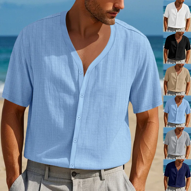 Mens Linen V Neck Short Sleeve Summer Business Shirts