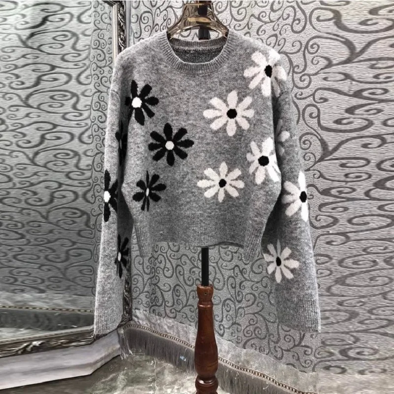 

Женский трикотажный джемпер, Серый Повседневный шерстяной джемпер с длинным рукавом и цветочным принтом, Осень-зима 2023