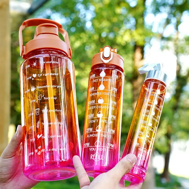 Gradient Plastic 3-IN-1 Water Bottle Set with Measurement Scale Large Capacity Drink Bottle Outdoor Sports Camping Gradient Plastic 3-IN-1 Water Bottle Set with Measurement Scale Large Capacity Drink Bottle Outdoor Sports Camping