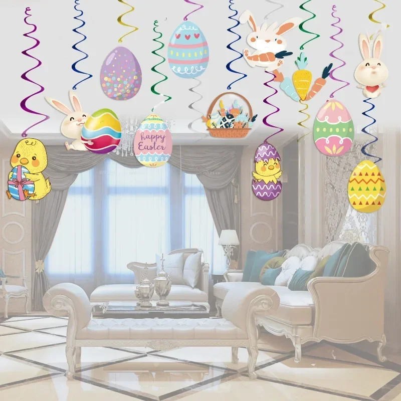 12Pcs Easter Themed Chick Colourful Eggs Rabbit Spiral Streamers Hanging Backdrops for Children Easter Spring Party Decorations