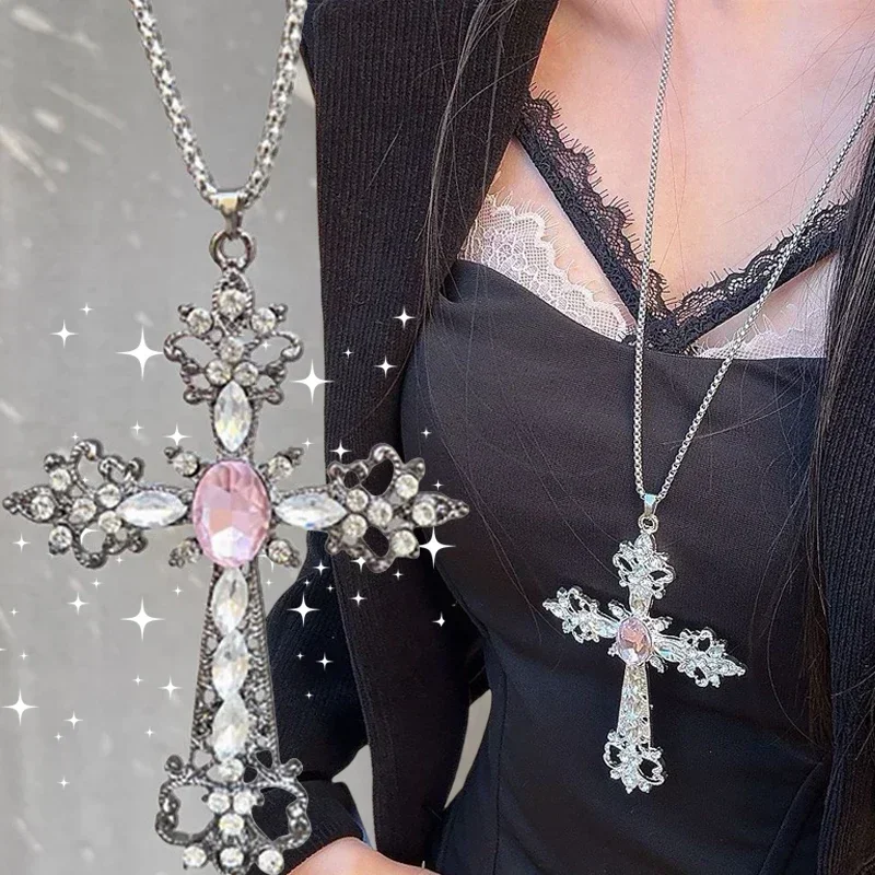 Gothic Big Zircon Cross Necklace Unisex Y2K Irregular Goth Large