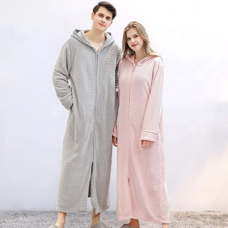 Luxury Winter Extra Long Thick Warm Bath Robe Homewear Zipper Hooded Flannel Peignoir Pregnant