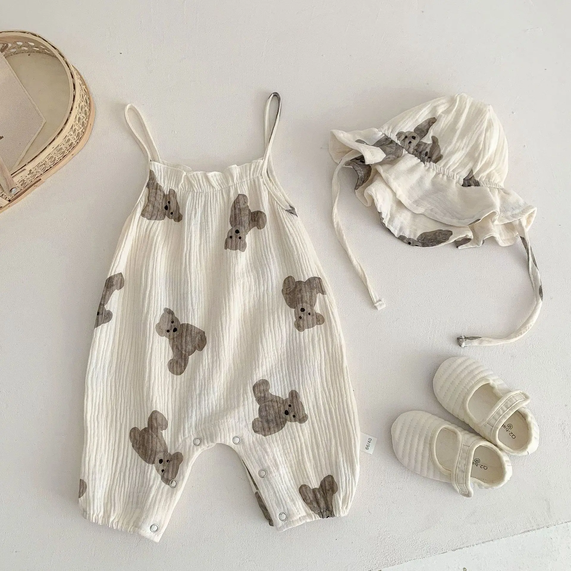

Summer Baby Clothes Korean Infant Bear Print Sling Romper Hat 2Pcs Cotton Breathable Newborn Toddler Boys Girls Jumpsuit Outfits