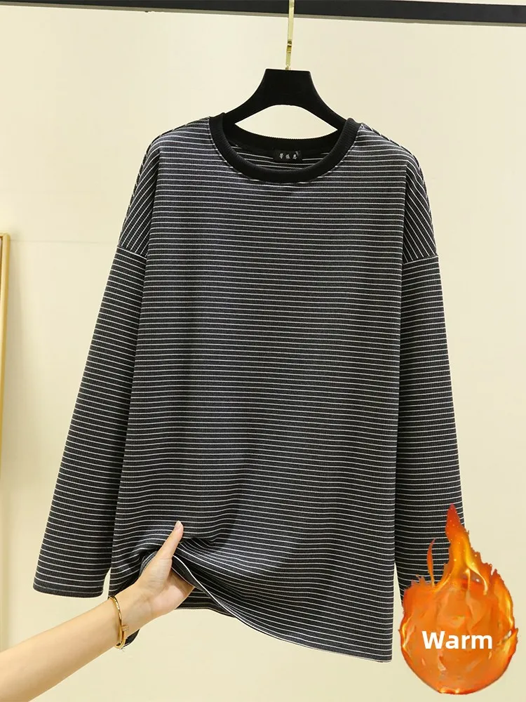 Thiened Fce round Ne Warm Striped Base irt Women's Winter Loose Fit Long Sve T-irt Casual Sle plus Size