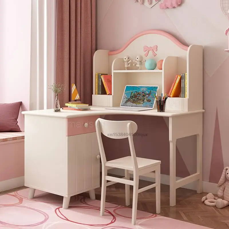 Solid Wood Children's Desk And Bookcase Combination Pink Simple Student Corner Computer Desk Multifunctional Home Furniture