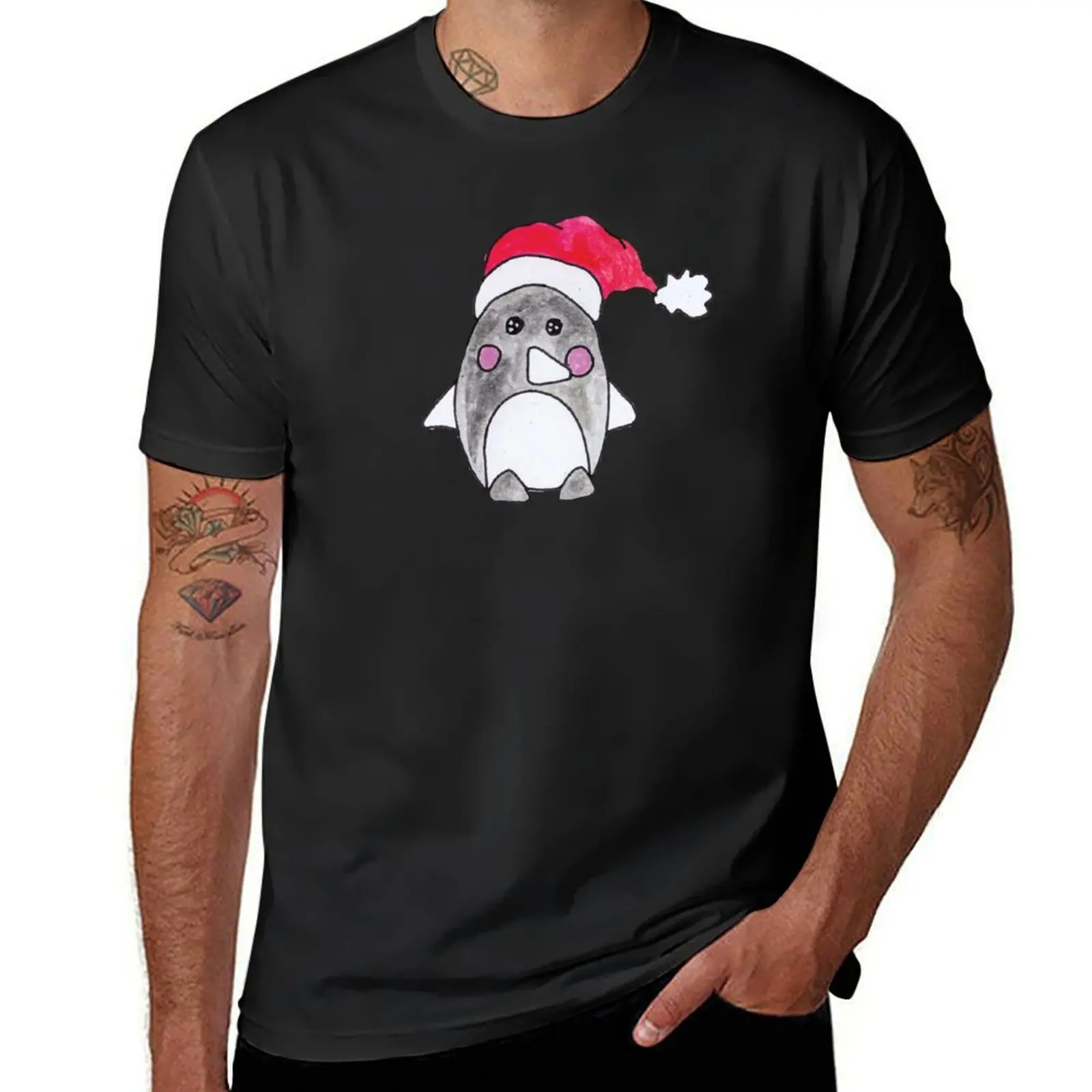 

Cute Christmas Winter Penguin Watercolor Santa Hat T-Shirt Aesthetic clothing summer top Men's t-shirts