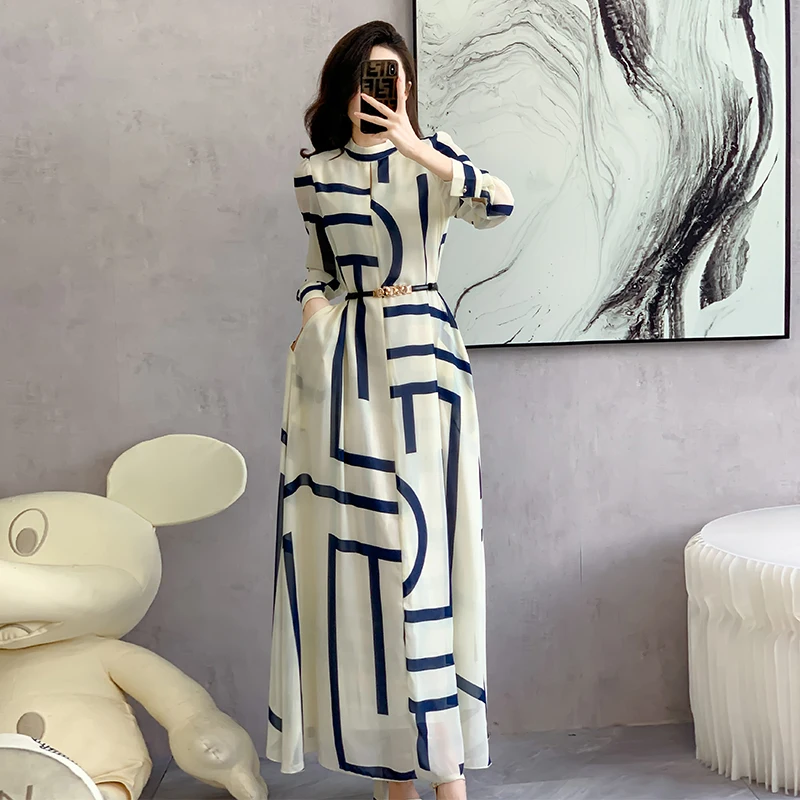 

O-Neck Beach Dress Women's 2024 Spring Elegant Luxury Party Vestidos Lady Fashion Long Sleeve Bohemian Striped Print Long Dresse