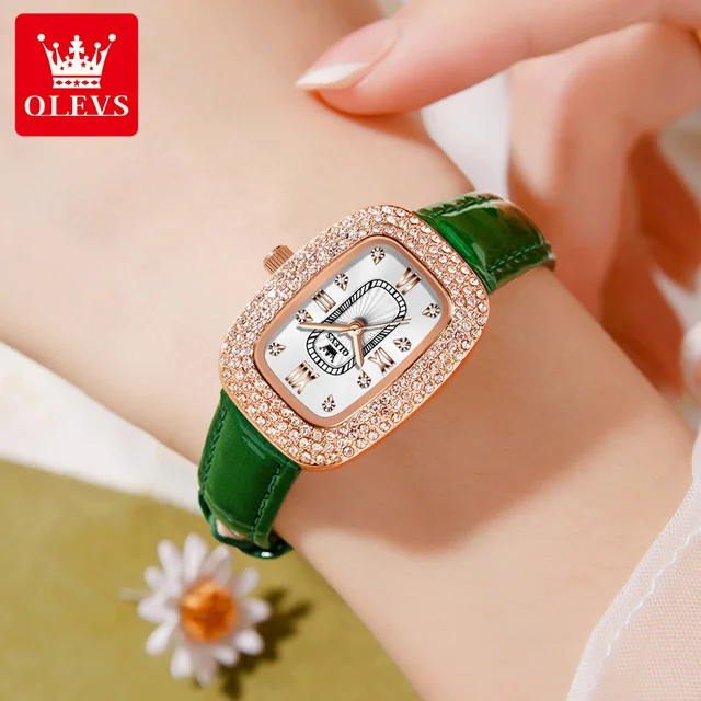 OLEVS 2022 New Ladies Quartz Watch Luxury Full Diamond Dial Waterproof Green Leather Strap Fashion Quartz Women's Watch 2
