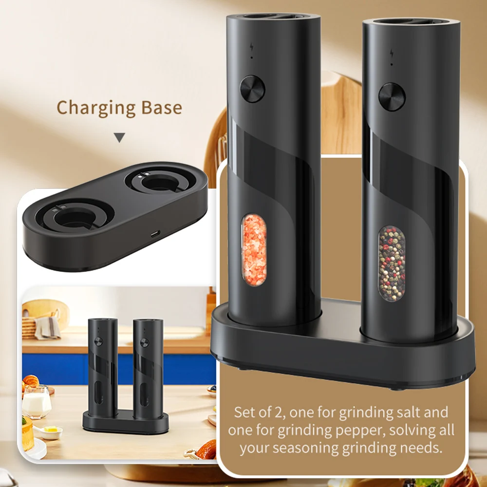 2PCS Electric Salt And Pepper Grinder Rechargeable Spice Grinders Set 110ml Capacity Automatic Pepper Mills With Charging Base 6
