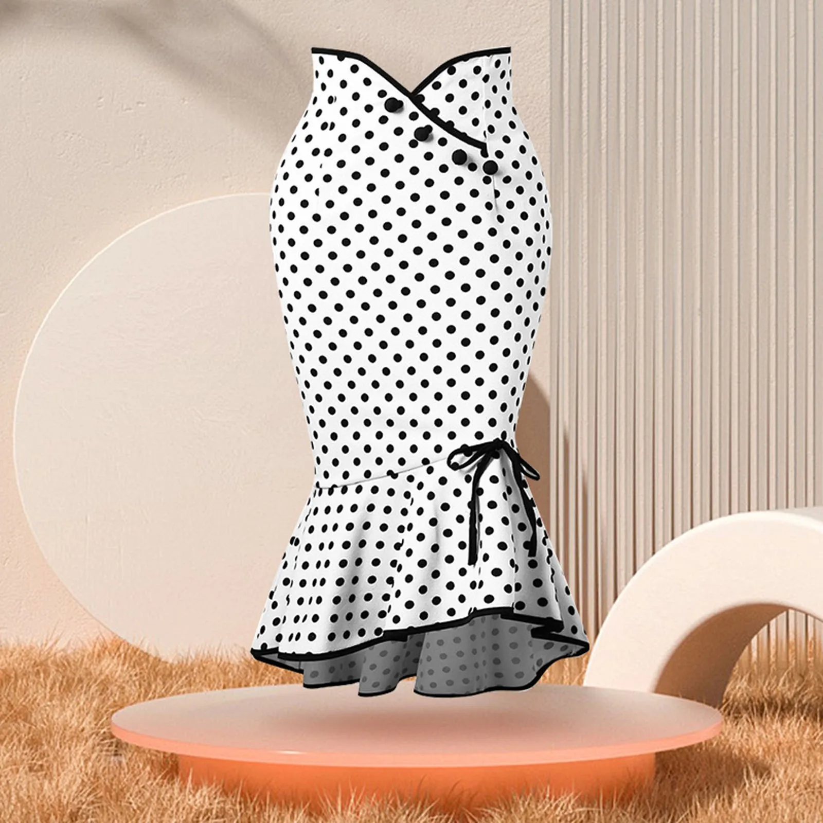 

Women's Vinatge Polka Dot Printed Long Fishtail Skirt Fashion Irregular Hem Ruffles Bodycon Fishtail Skirt Casual Skinny Skirt