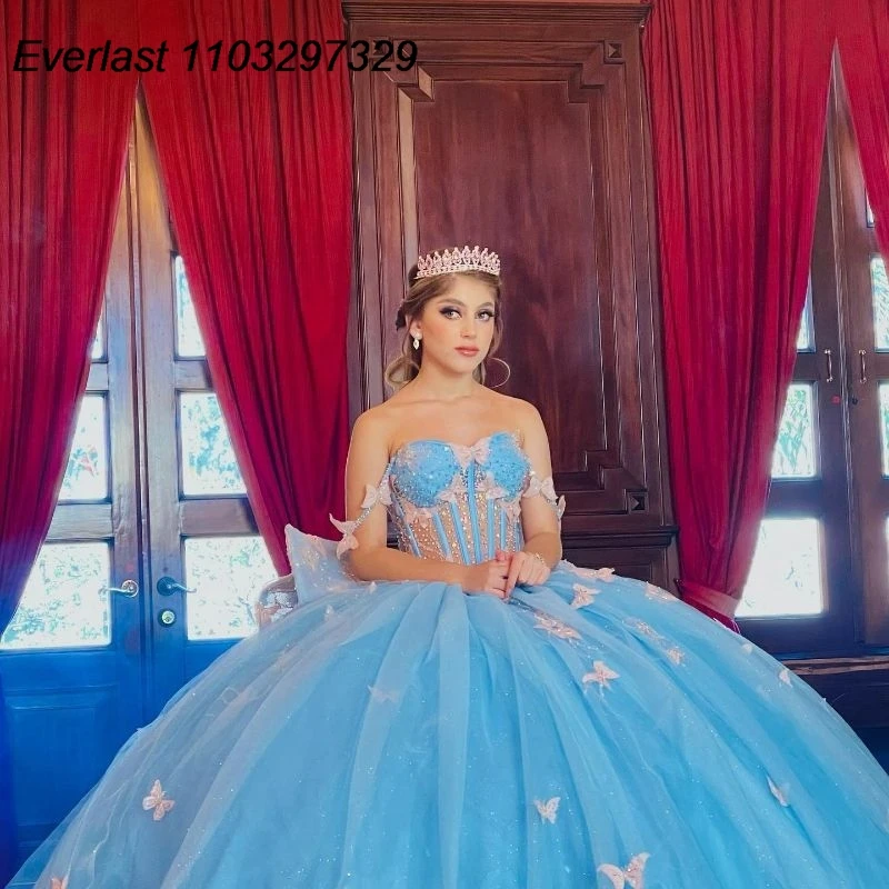 EVLAST Mexican Blue Quinceanera Dress Ball Gown Butterfly Applique Beaded Bow Sweet 16 Vestidos De XV 15 Anos TQD732