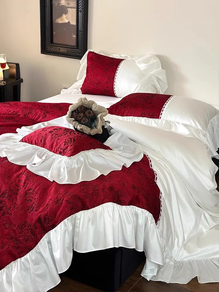 

French high-end wedding four piece set, red pure cotton wedding quilt cover, all cotton bed sheet, wedding bedding