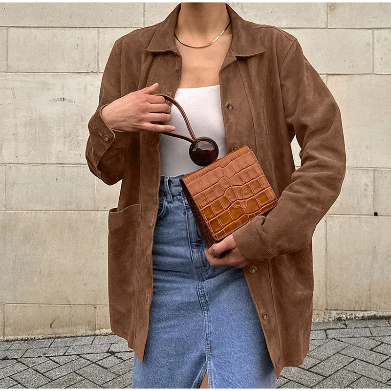 Casual Suede Long Sleeve Jackets Women Autumn Loose Brown Lapel Coat Top With Pockets Female Elegant Chic Street New in Outwear