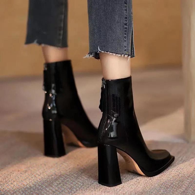 Sexy Black High Heels Ankle Boots Women 2023 Autumn Back Zipper Patent Leather Boots Woman Square Toe Thick Heeled Pumps Botines