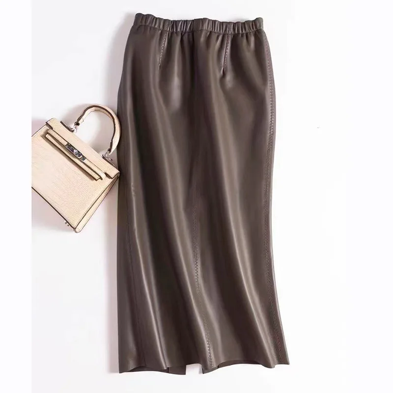 2024 Spring Fashion New Pure Handmade Whole-cut Slit High-waist Genuine Sheepskin Leather Skirt E32