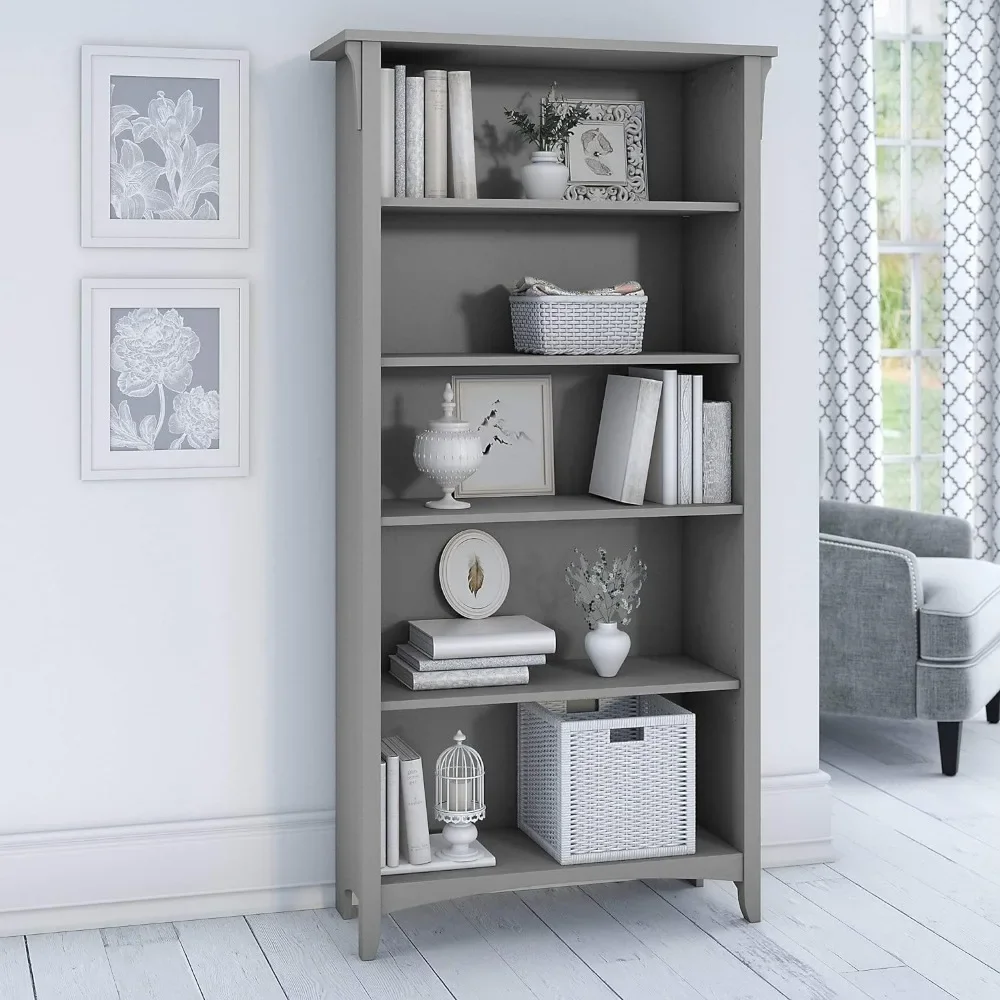 

Tall 5 Shelf Bookcase in Cape Cod Gray Distressed Style Modern Farmhouse Bookshelf for Living Room and Home Office Book