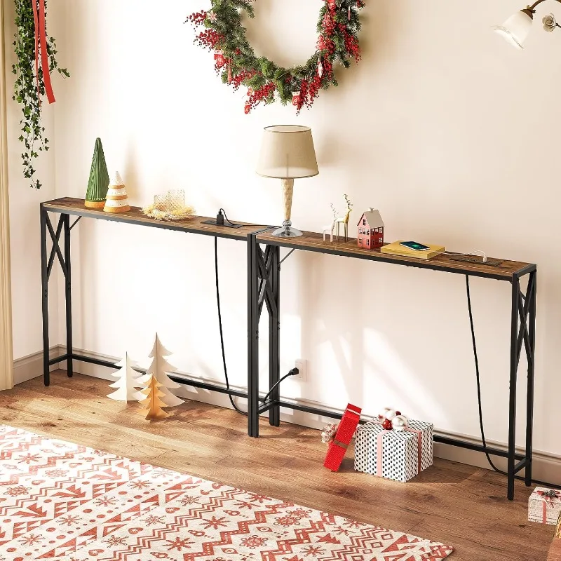 2 Pack Narrow Sofa Table with Charging Station, 39.4" L X 5.9" W X 29" H, Skinny Console Table, Long Entryway Table, Hallway 3