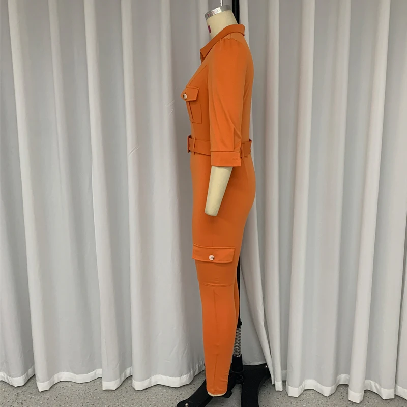 LIYONG-Mono de oficina para mujer, Pelele de media manga con solapa, mono ajustado de Color sólido, ropa de calle alta con cinturón y bolsillo, otoño