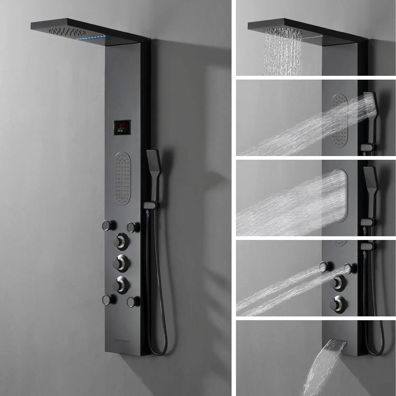 Black Shower Panel Tower System LED Light Shower Tower with Large Area Body Jet Massage Shower Fixtures with LCD Temperature 4