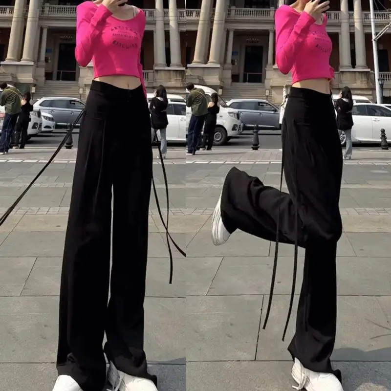 2023 Women Korean Ribbon Casual Streetwear Harajuku Y2K Wide Leg Suit Pants Female Solid Straight Trousers High Waist Pantalones