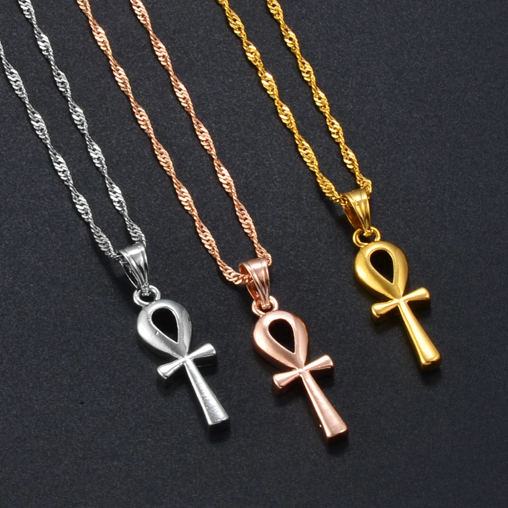 Anniyo Egyptian Ankh Cross Pendant Necklace Woman Gold