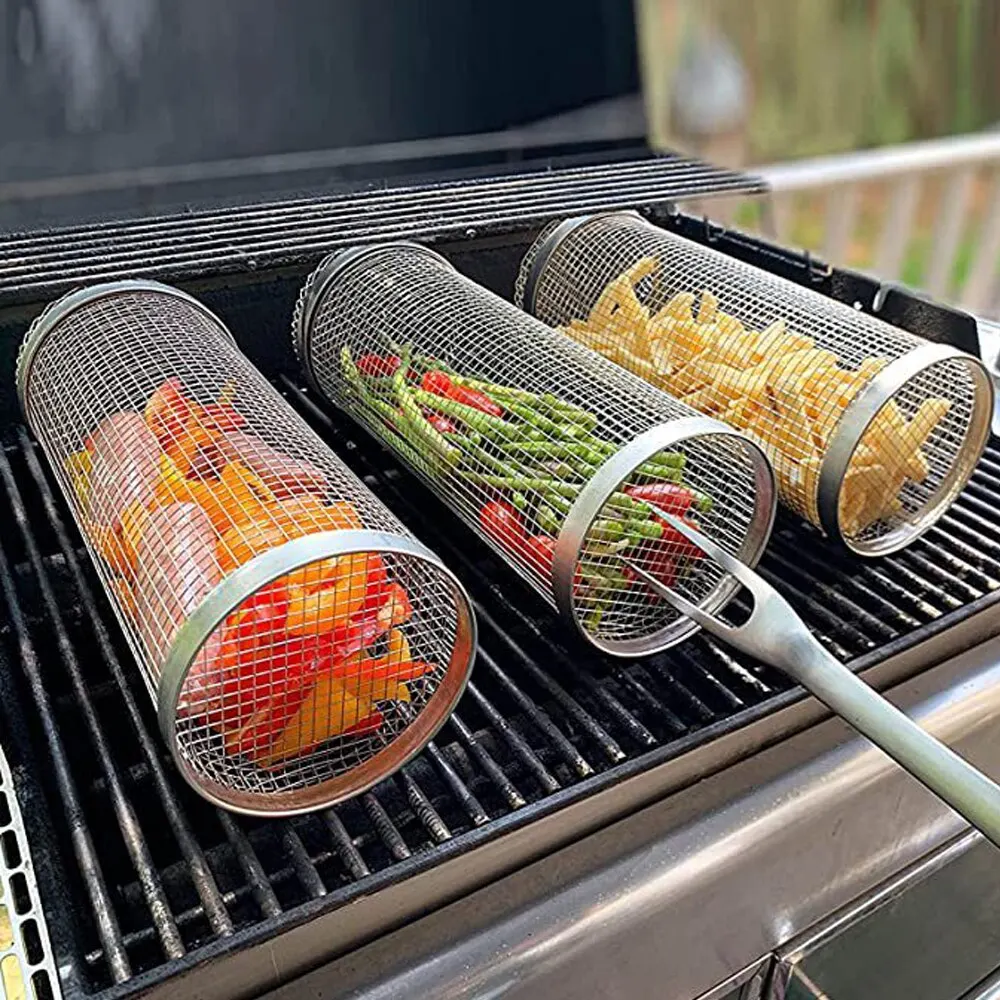 Rolling Rotisserie Basket BBQ Stainless Steel Smoked Mesh BBQ Drum