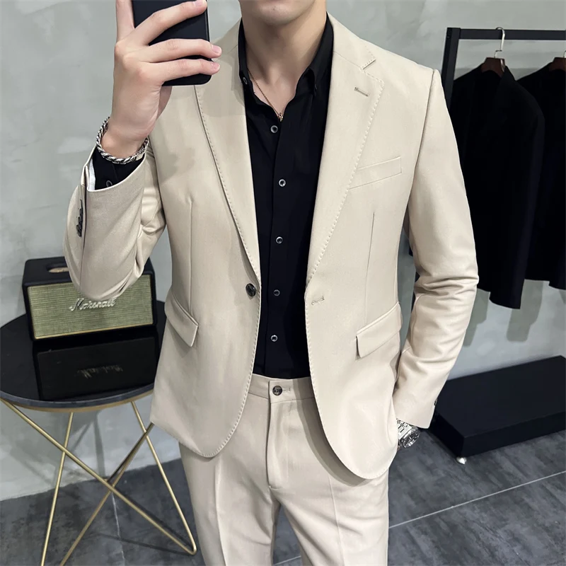 Men formal suit two-piece suit (jacket+pants)solid color fashion business office dress wedding party high-quality two-piece