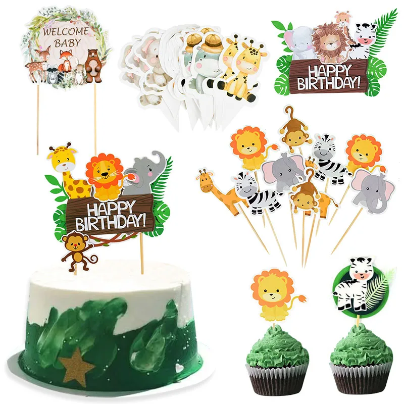 Gateau Anniversaire Jungle 25 Pièces Jungle Animal Cake Topper Decoration Gateau Anniversaire