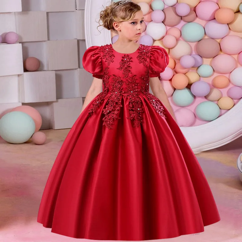 Girls' Satin Formal Wedding Beaded Bubble Sleeve Spinning Long Dress Princess Prom Party Evening Dress 3-10T