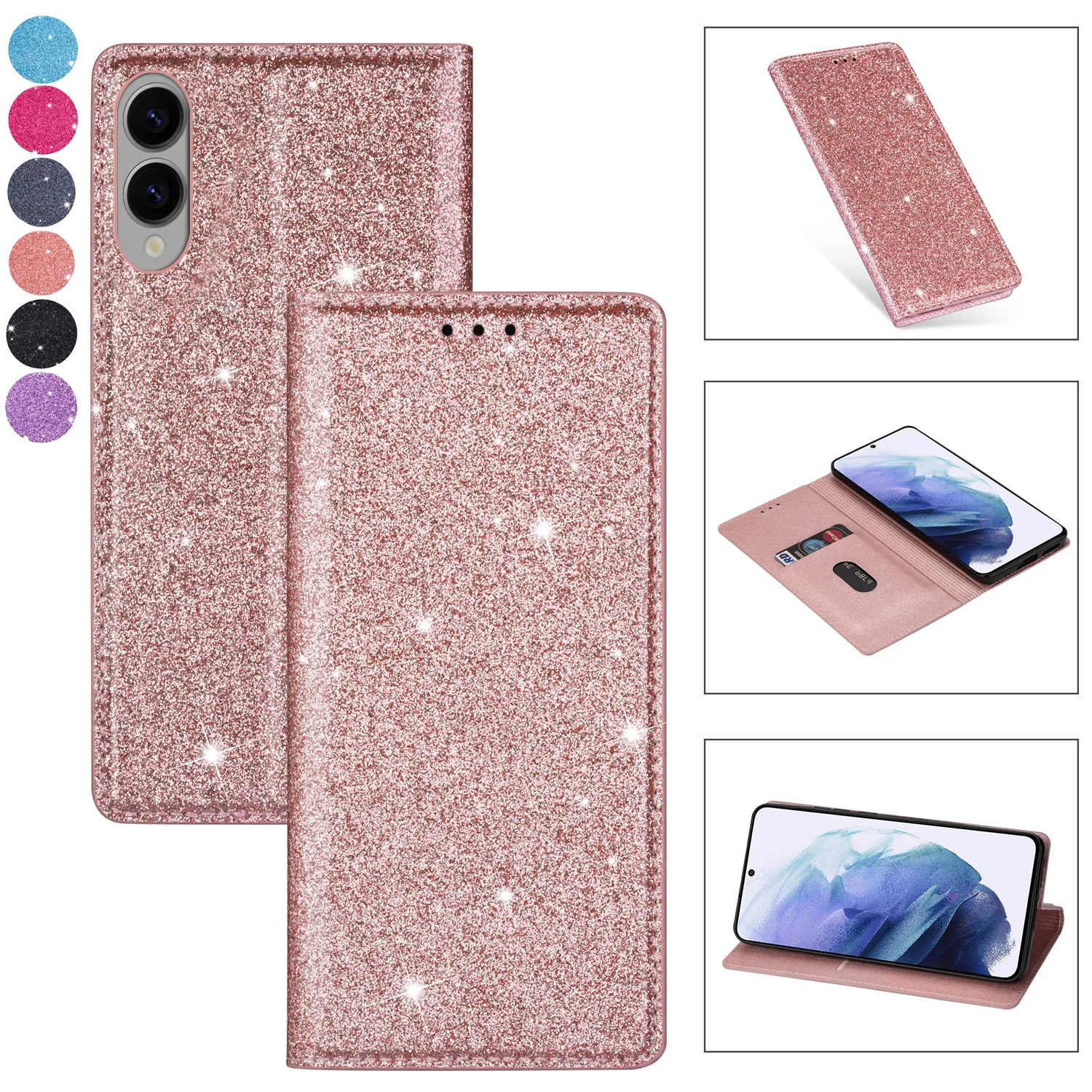 Glitzer-Lederhülle für Samsung Galaxy S25 S26 S24 S23 FE S22 S21 Ultra Plus + A37 A57 A07 A17 A06 A16 A36 A56 A26 Flip Cover