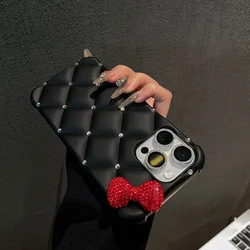 Luxury Kitty Bow Designer Glitter Diamond Phone Case Cover for 14 plus or 15 plus (Black red bow)
