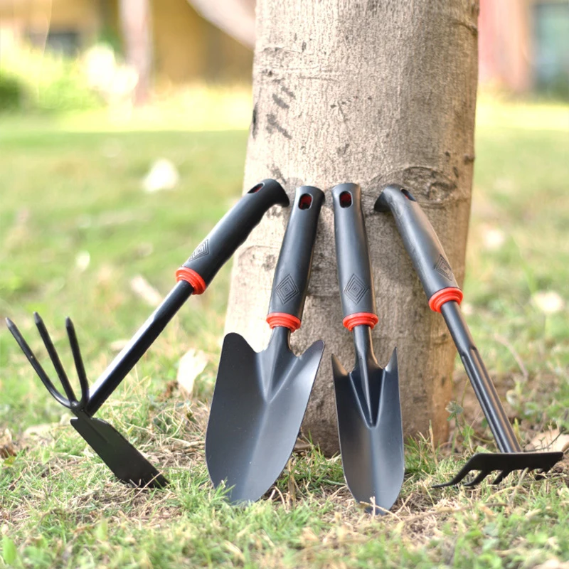 Black Rubber Handle Gardening Garden Small Shovel Four-piece Set 5 Tooth Harrow Hoe Dual-purpose Shovel Garden Tools 5