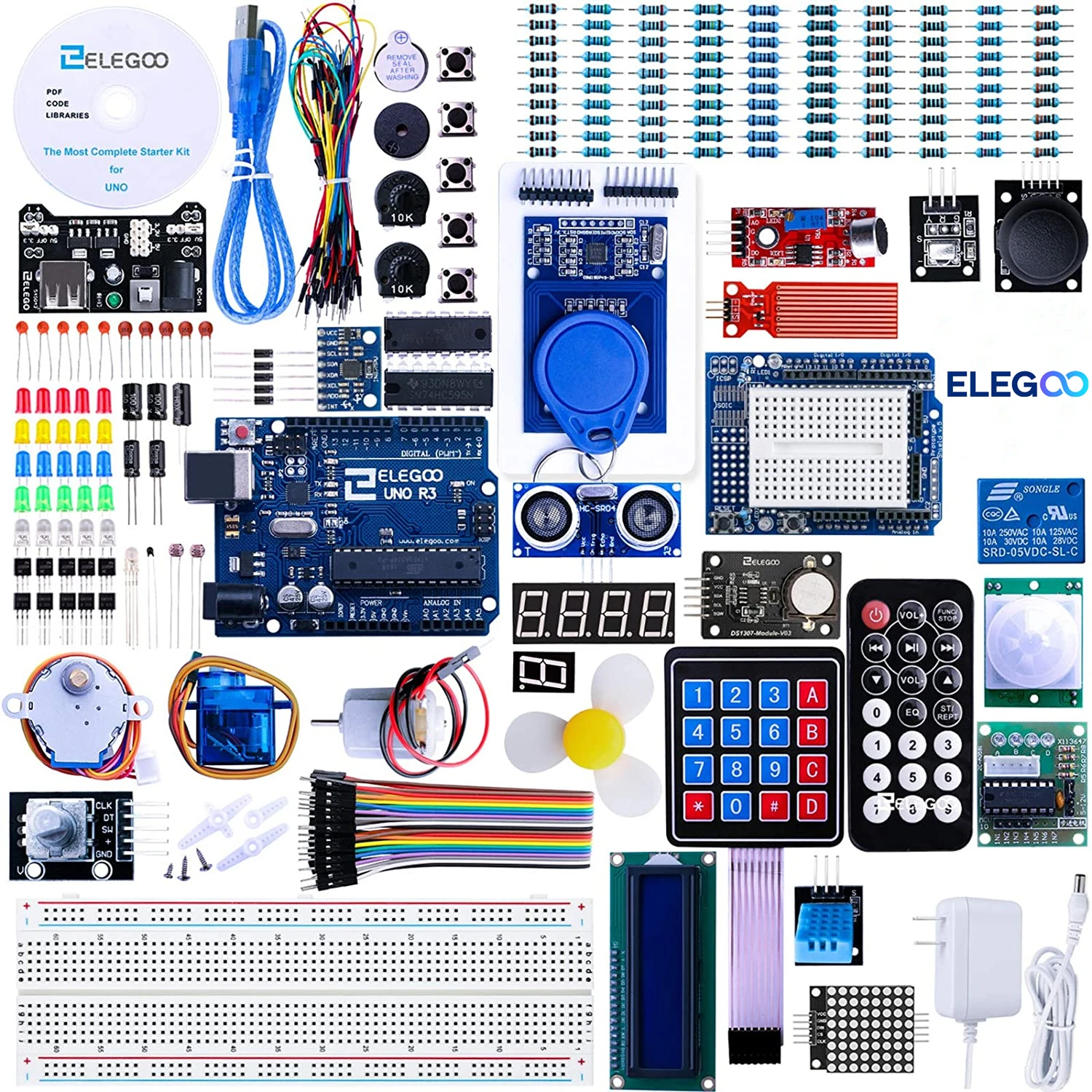 ELEGOO UNO R3 프로젝트 가장 완벽한 스타터 키트, 튜토리얼 포함, 아두이노 IDE 호환, 63 개 아이템, DIY 전자 키트