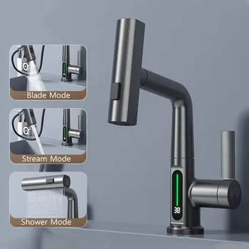 Rubinetto per lavabo con display digitale a temperatura a cascata Sollevare verso il basso Spruzzatore a flusso Miscelatore per lavabo acqua calda fredda Rubinetto per il bagno 1