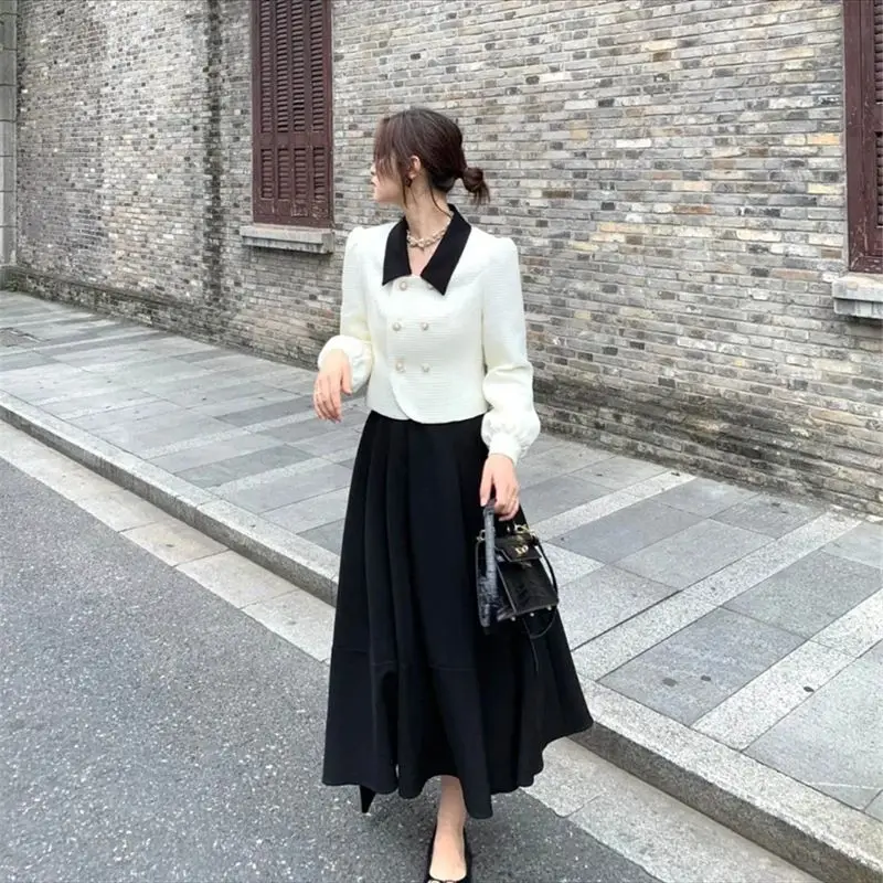 

Женский комплект из двух предметов, двубортный короткий жакет и юбка миди с высокой талией, O405, весна-осень 2023