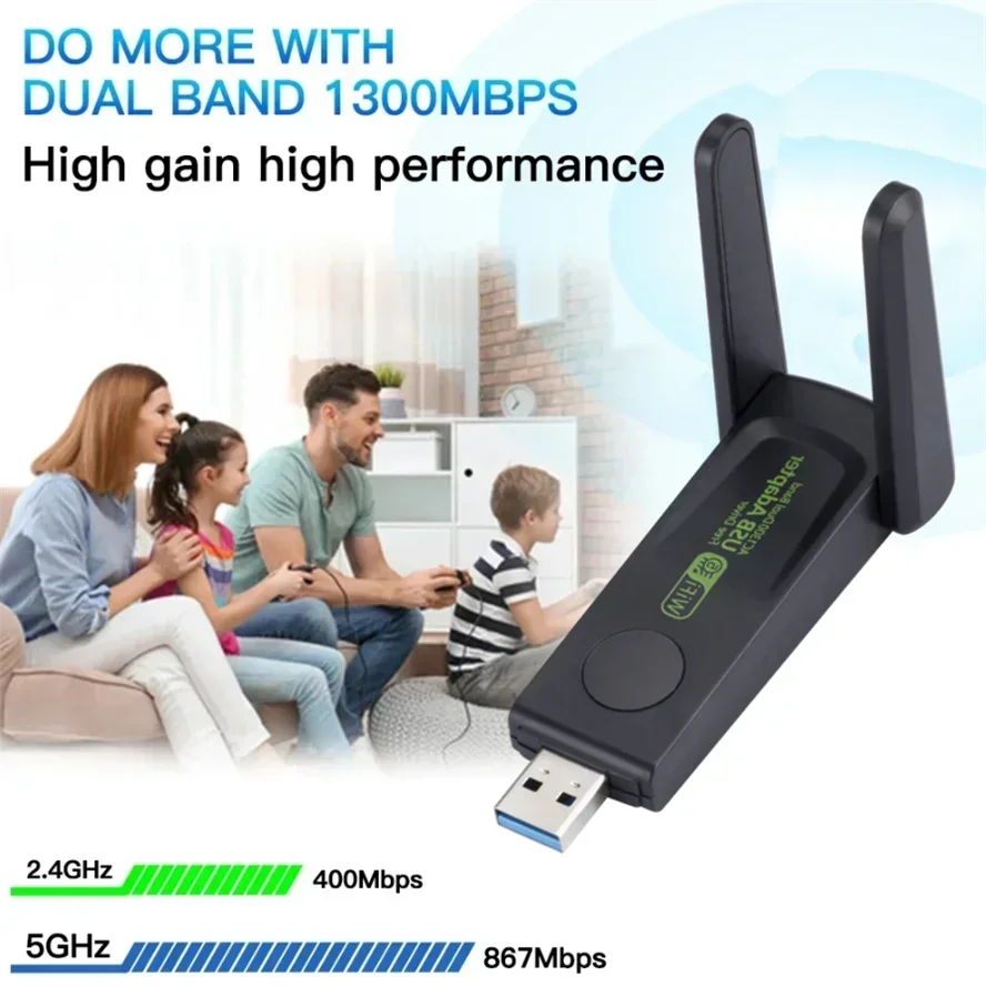 1300Mbps WiFi USB 어댑터 듀얼 밴드 2.4G/5Ghz Wi-Fi 동글 802.11AC PC 노트북 드라이버 용 강력한 안테나 무선 수신기 무료