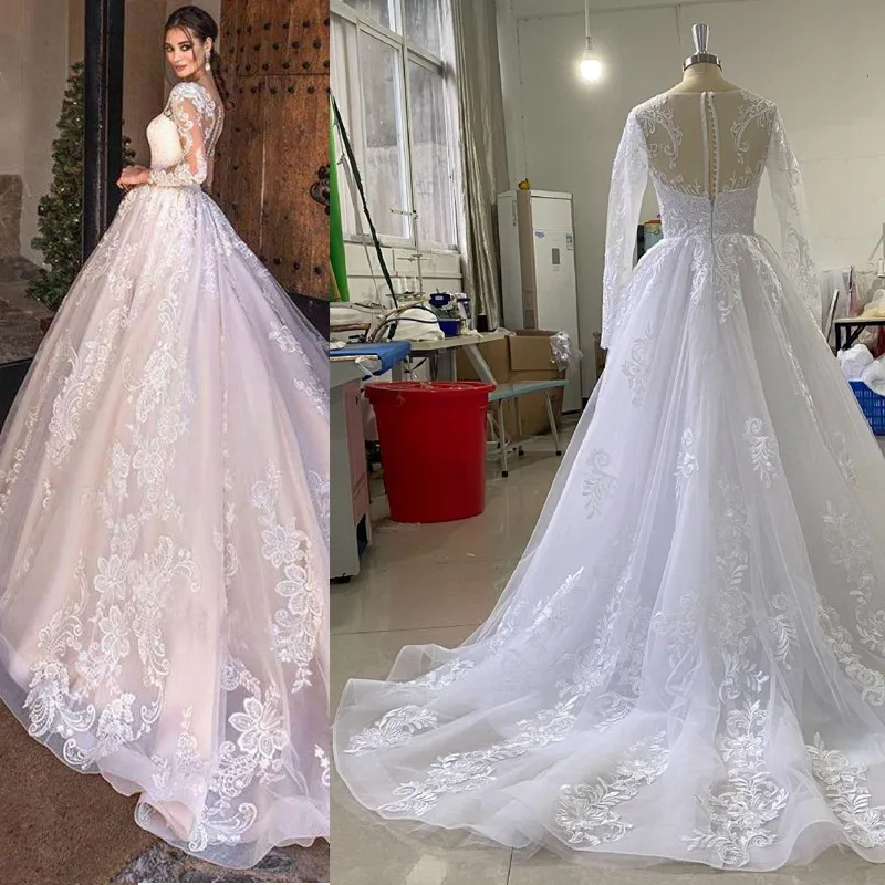 2024 Long Sleeve Lace Applique Wedding Dress Princess Ball Gown Wedding Gowns New Sweep Train Vestidos De Novia Customized 6