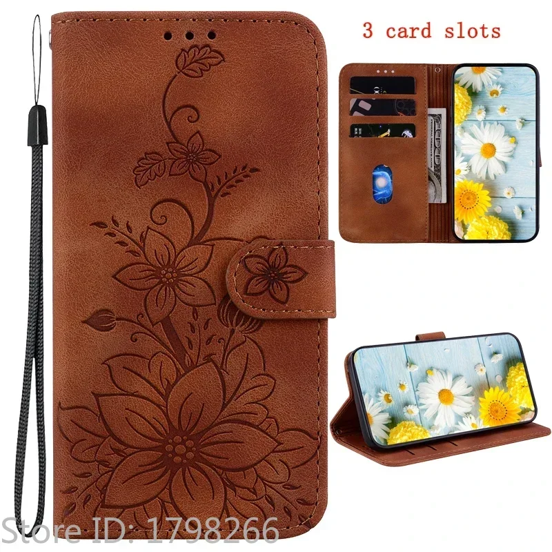 Floral Flip Cover Wallet Bag with Magnetic Closure - Lily Design in Leather