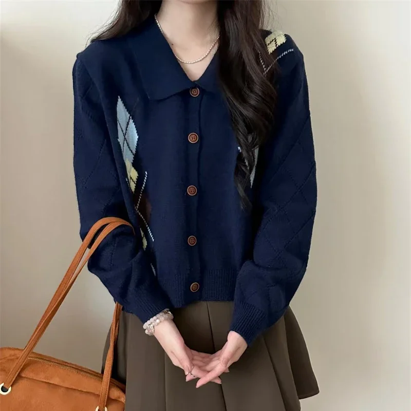 Autumn and Winter Fashion Women's Clothing New Women's Cardigan Rhombus Long-sleeved Sweater Lapel Single-breasted Knitwear Top