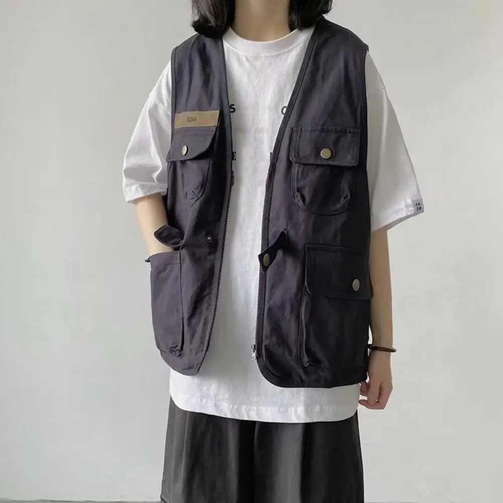Fade-resistant Men Vest Men Waistcoat with Multiple Pockets Versatile Unisex Summer Vest with Multi Pockets Zipper for Men