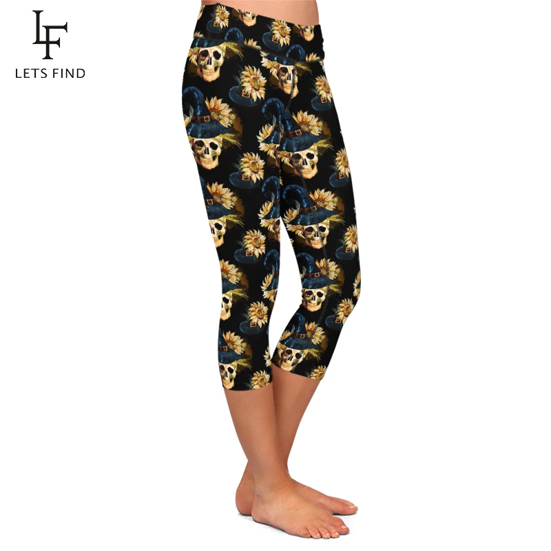 LETSFIND Summer Sexy Skull and Flowers Milk Silk Digital Printing Pants High Waist  Women Black Fitness Capri Leggings