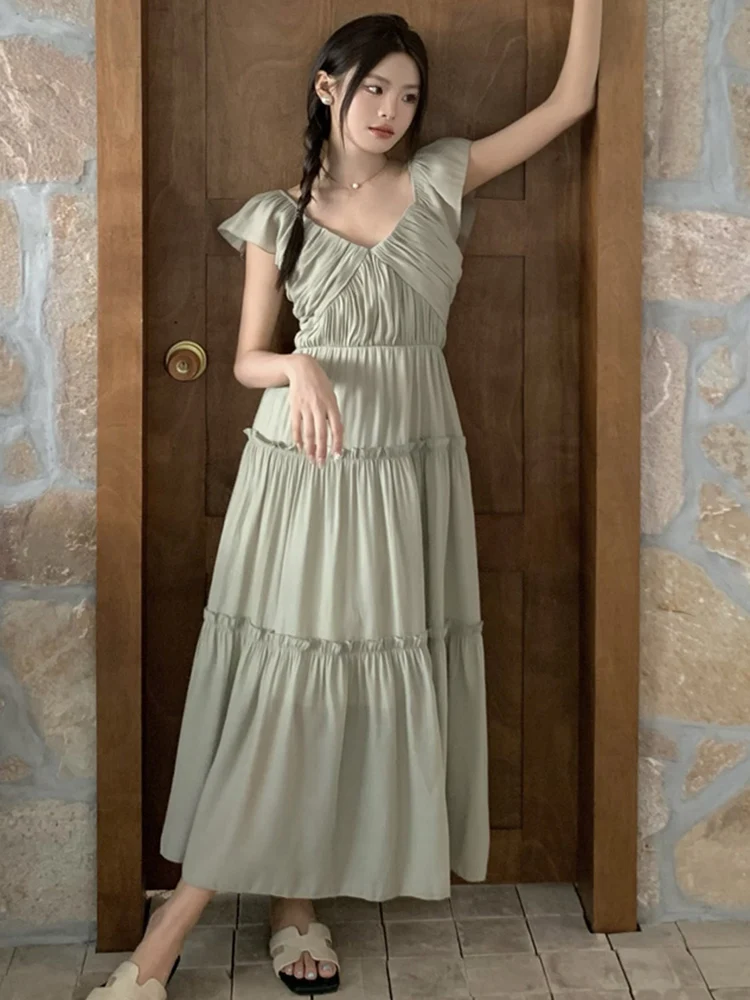 

New Fashion Elegant Chiffon Fairy Dresses For Women V-Neck Sleeveless 2024 Summer French Ladies Temperament Casual Holiday Dress