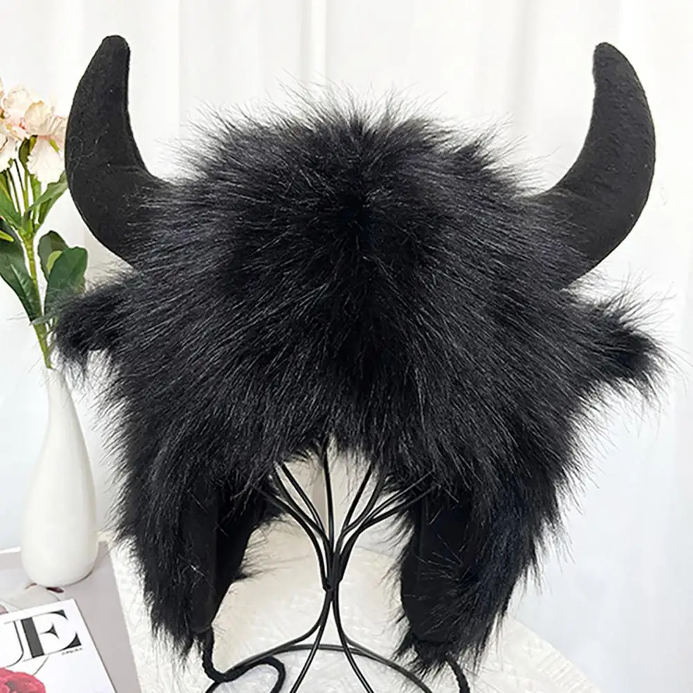 Winter Hat Personality Funny Big Cow Horn Thick Warm Faux Fur Ear Thunderbolt Windproof for Women Men