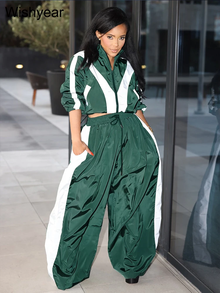 Fashion Striped Patchwork Women 2 Piece Set Wide Leg Pants and Jacket Long Sleeve Zipper Tops Loose Outfits Streetwear Tracksuit 3